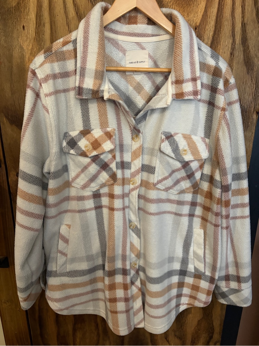Thread & Supply Plaid Teddy Shacket in Cream, Tan & Gray